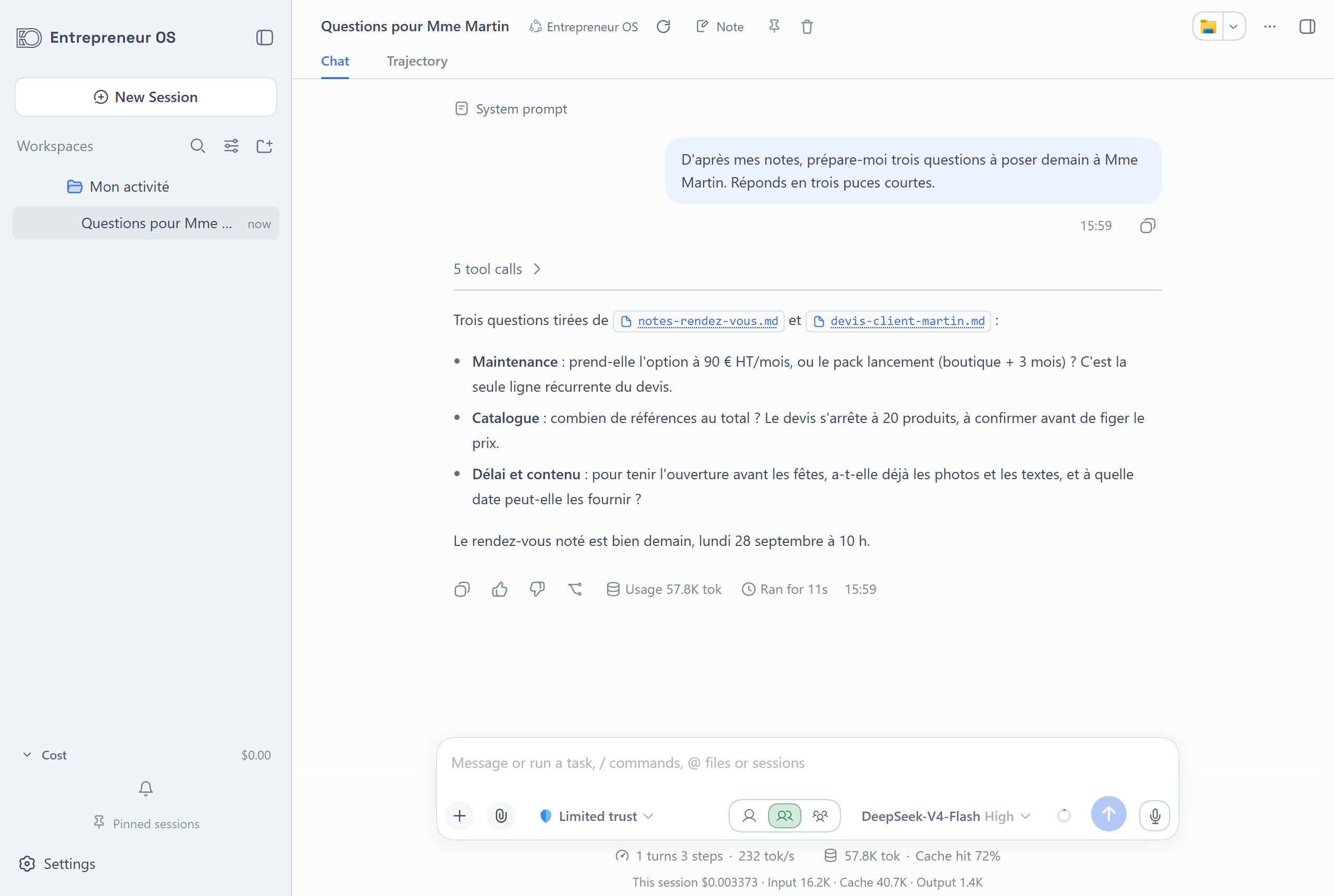 La fenêtre d'Entrepreneur OS : la liste des conversations à gauche, une conversation avec l'agent au centre.