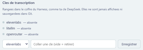 Dans les réglages de la dictée, la section Cles de transcription avec elevenlabs choisi, le champ de la clé et le bouton Enregistrer.